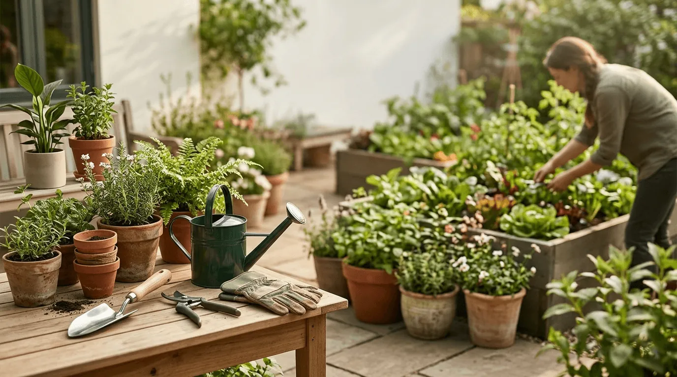 A patio garden with potted herbs, a watering can, a trowel, pruning shears, and gloves on a wooden table
