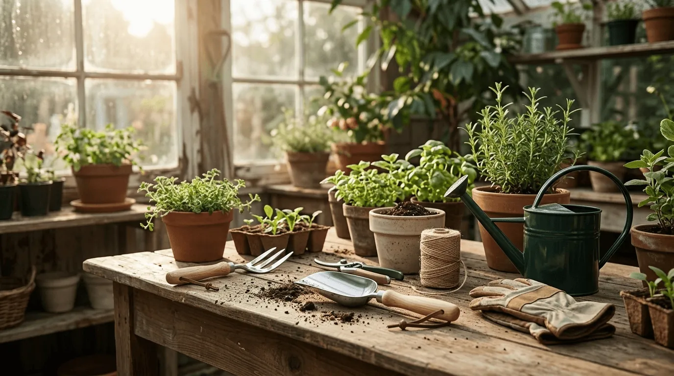 Garden hand tools, twine, gloves, and a watering can on a potting bench among potted herbs