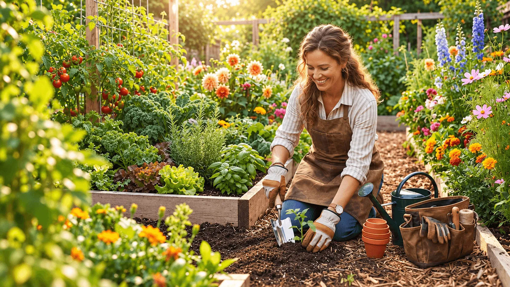 A gardener planting a seedling in a raised bed with a hand trowel